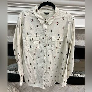Eddie Bauer Cream Button Down Flannel with Skiier Holiday Print 2X Tall